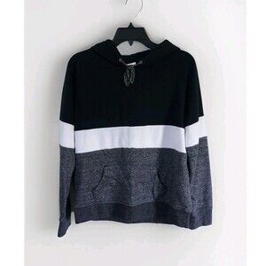 Zine Pullover Hoodie Long Sleeve Drawstring Pocket Black & White Womens Large